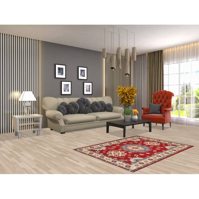 Red Kazak Oriental Rug Handmade Wool Carpet - 3'5"x 4'9"