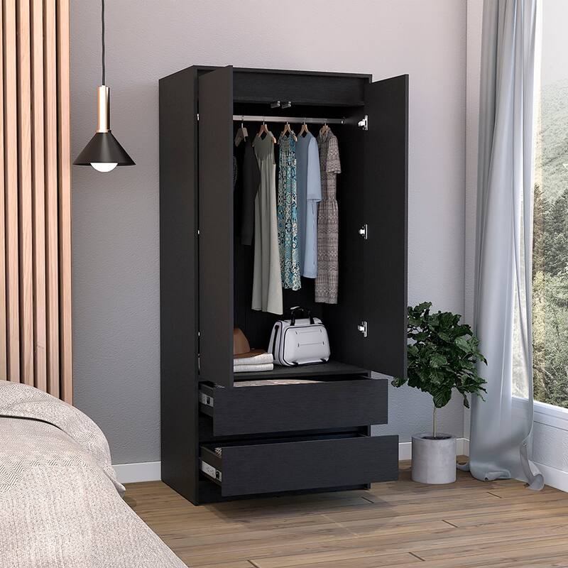 Stylish Wardrobe Closet Armoire with Double Doors for Bedroom, 2 Drawers, and Hanging Rod - Space-Saving Design