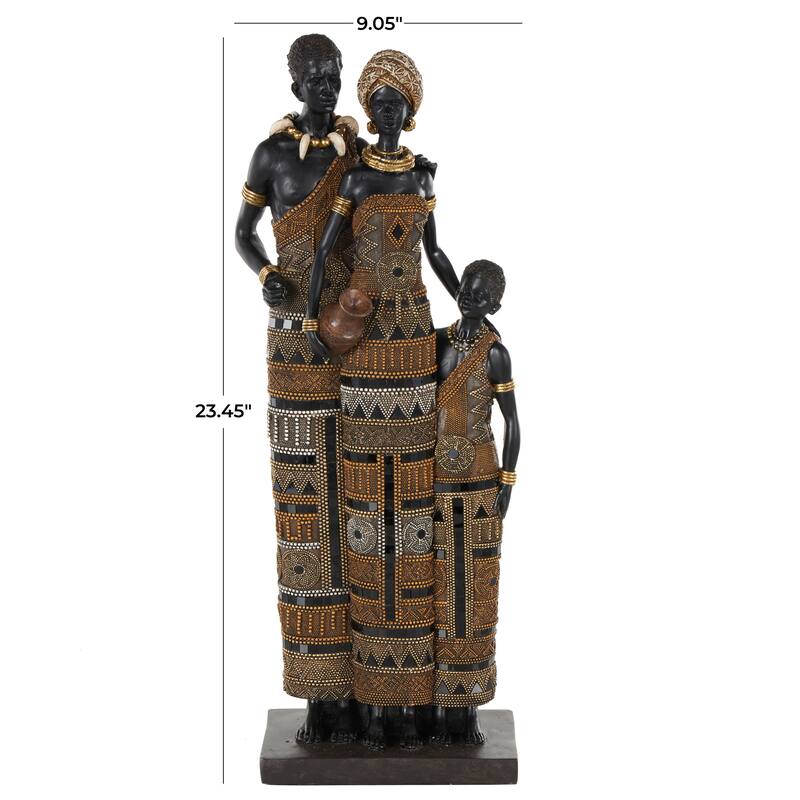 Black Resin Tall African Family Decorative Sculpture with Gold Jewels