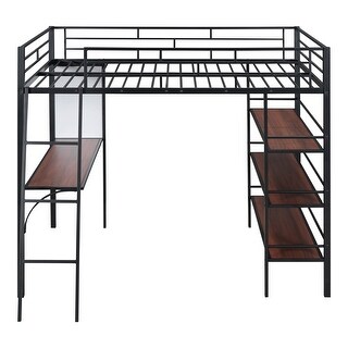 Twin Size Loft Bed w/ 3 Layers of Shelves and Desk, Whiteboard, Black