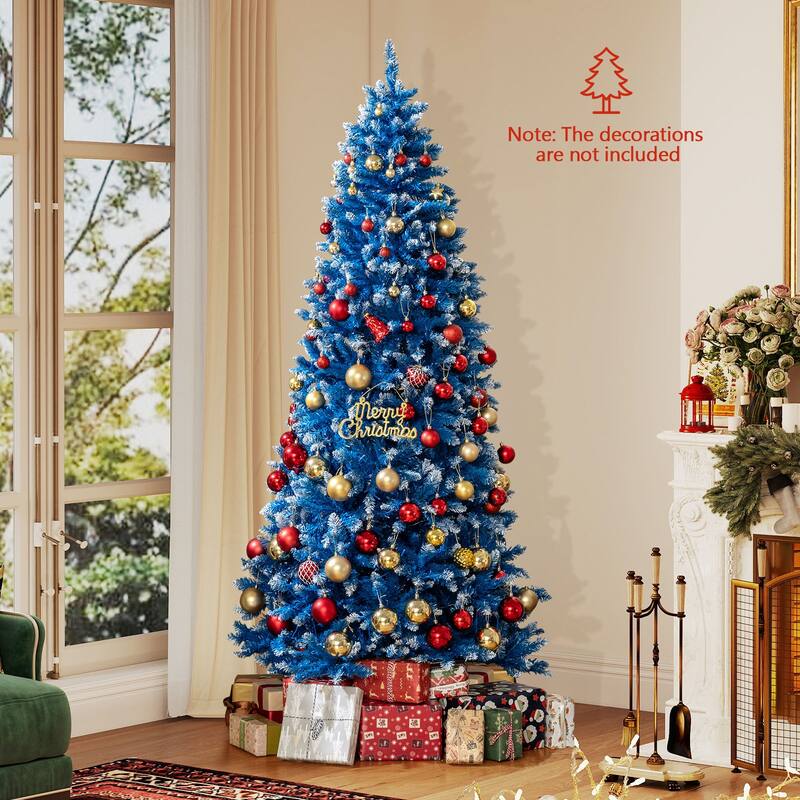 Gymax Pre-Lit Artificial Christmas Tree Blue Hinged Xmas Tree w/