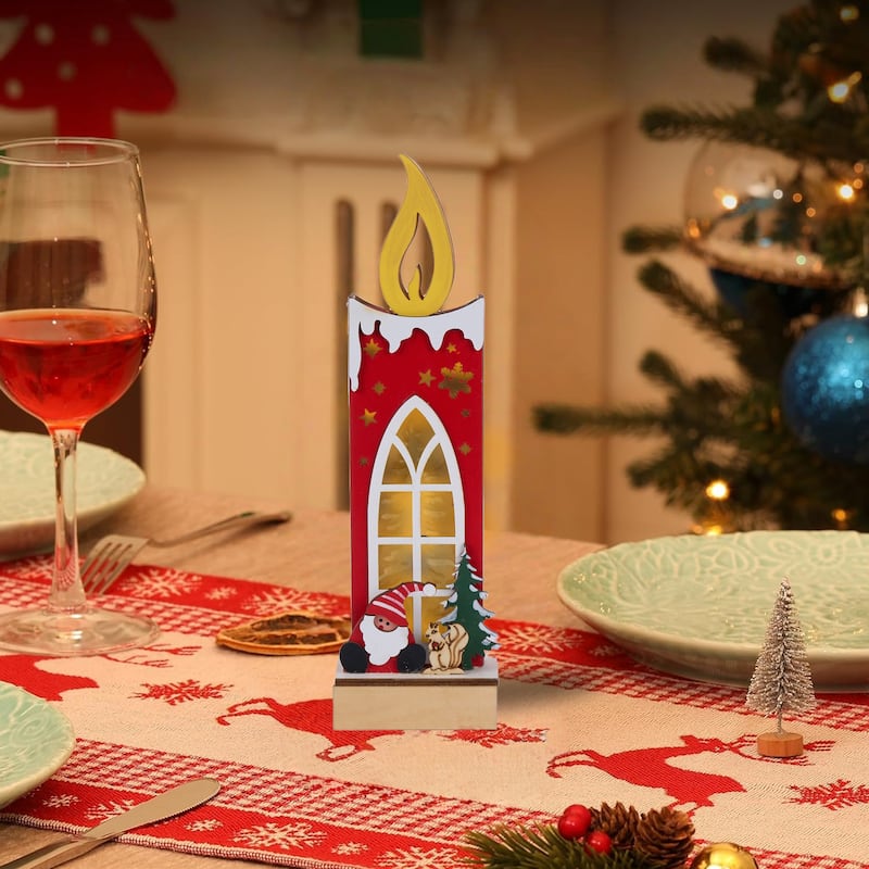 Merry Christmas Wooden Candle Light-Up Decor - Festive Seasonal Home Ornament - 1.96'H X 3.54'W X 12.44'D