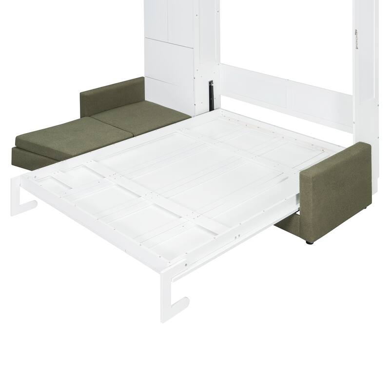 Queen Size Wall Bed with Sofa and Shelves, Space-Saving Design, White Panel, Green Sofa