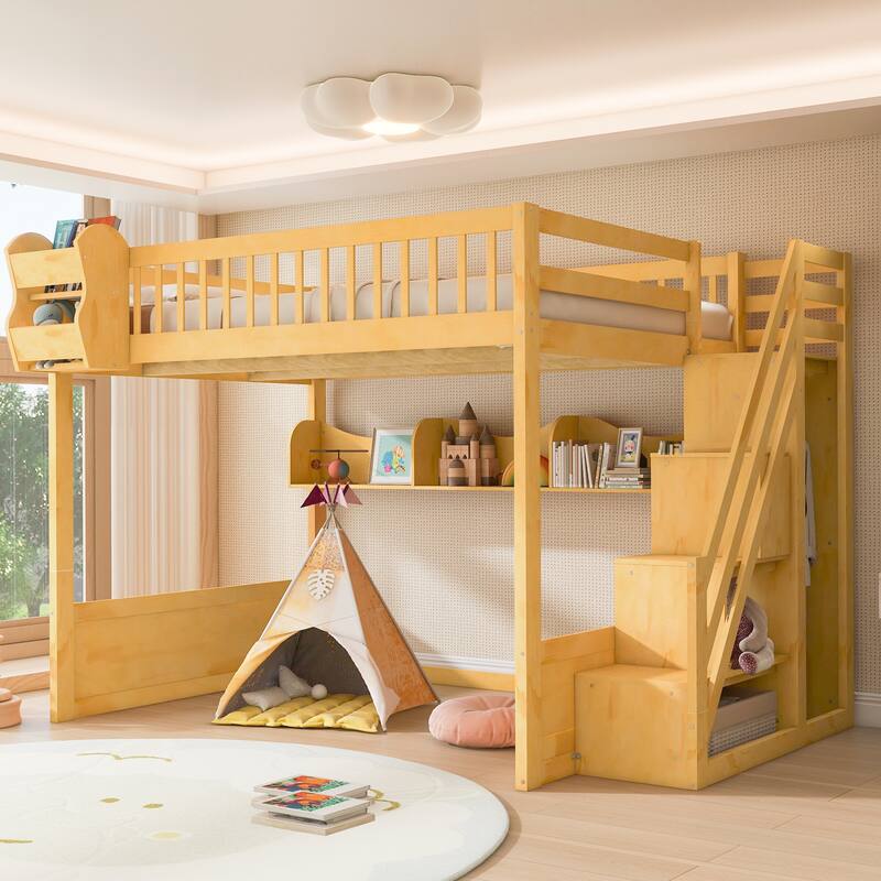 Roomfitters Queen Size Loft Bed with Wardrobe, Storage Staircase and Shelves - Natural - Queen