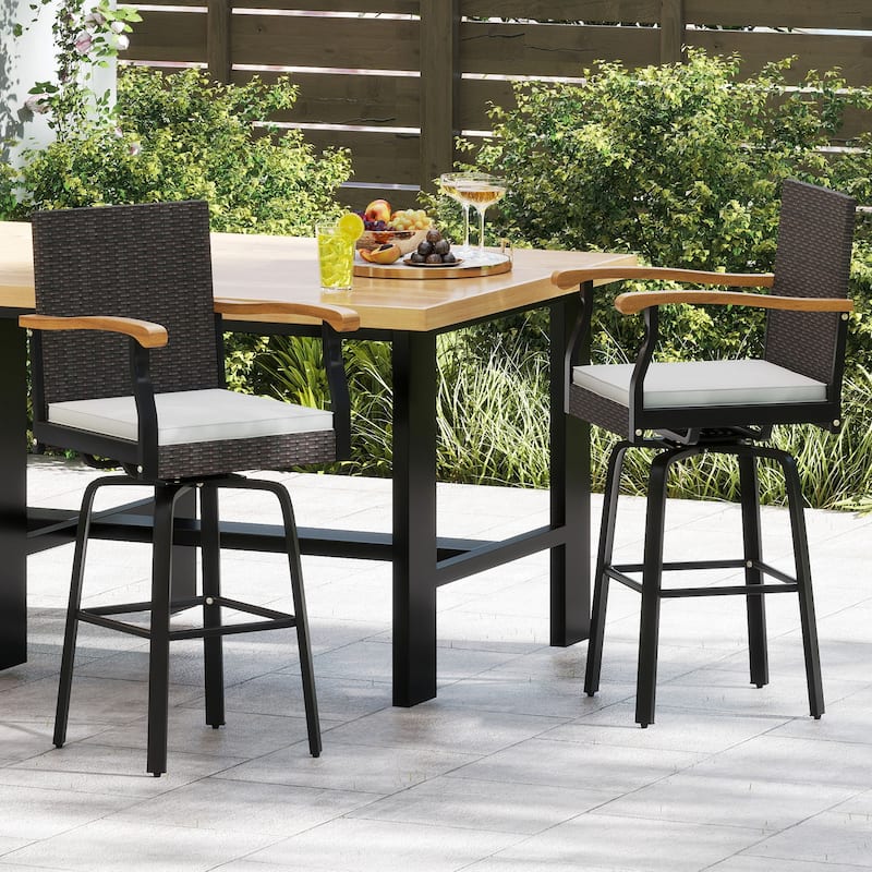 Mix Brown Rattan 360° Swivel Bar Stool with Cushioned Seat and Metal Frame for Outdoor Seating - 23” x 22” x 46.5” (L x W x H) - Set of 4