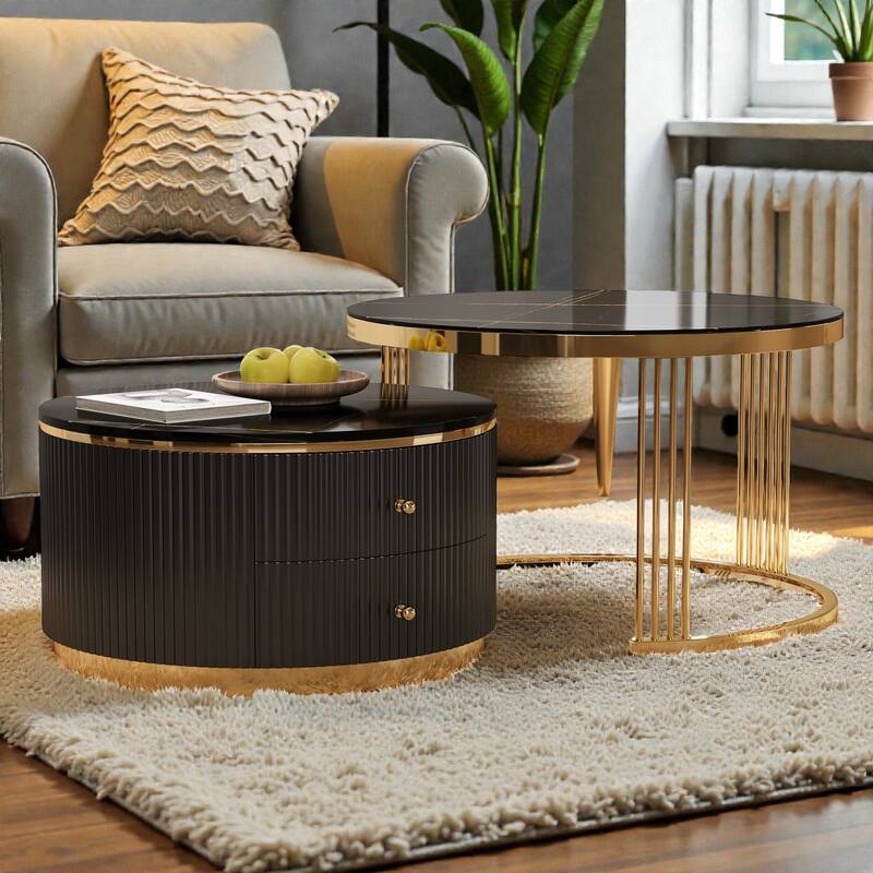 Modern Round Nesting Coffee Table Set of 2 with Drawers. MDF Top and Gold Metal Legs. Space Saving Accent Tables - Black
