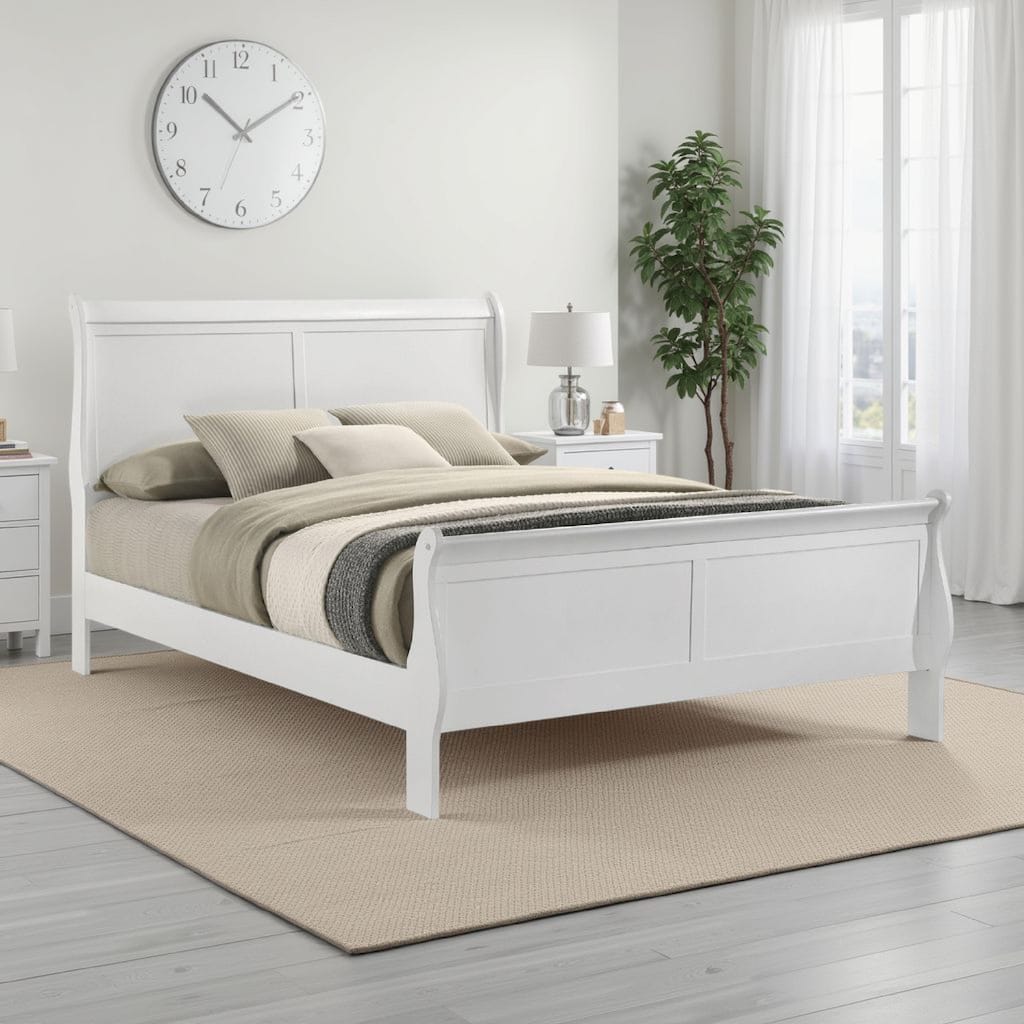 Nim Queen Size Bed, Sleigh Panel Headboard Design, White, Low Profile