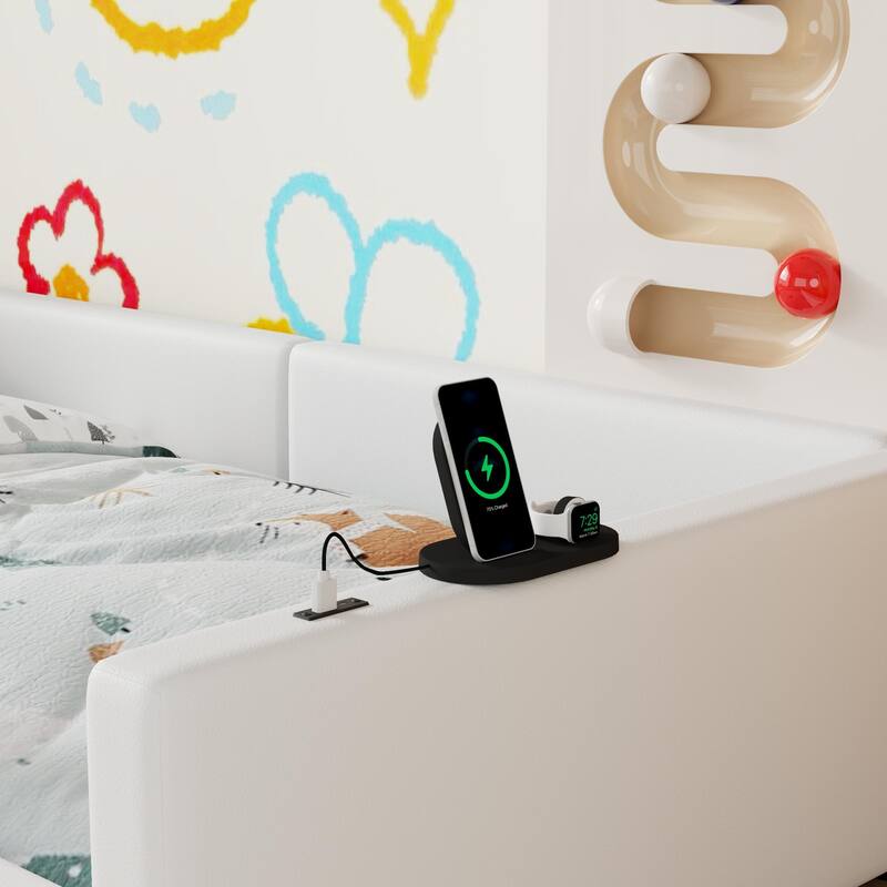 White Floor Bed Frame, Twin Size Upholstered Platform Bed with Slats, Guardrail and Charging Station for Children, Boys & Girls