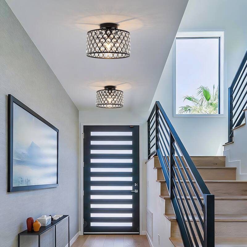 1-Light Modern Vintage Drum Crystal Semi-Flush Mount Ceiling Light