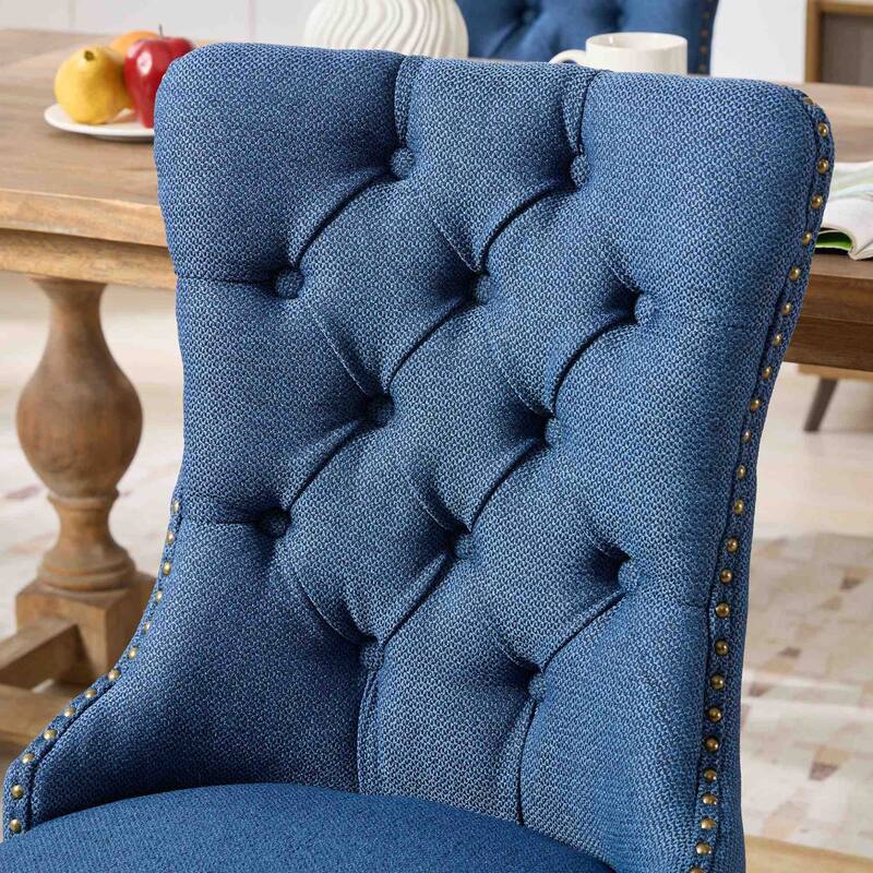 Set of 2 Linen Upholstered Dining Chair with Wood Legs, Nailhead Trim