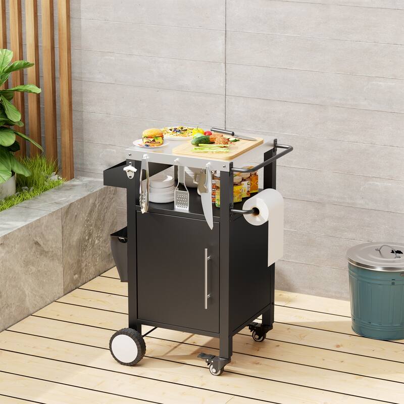 Outdoor Grill cart with Patio Furniture, Outdoor Grill Table with Storage,Rolling Bar cart Outdoor BBQ cart with Hooks