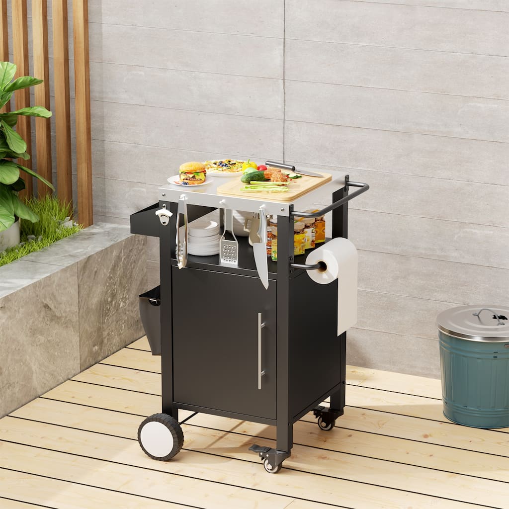 Outdoor Grill cart with Patio Furniture, Outdoor Grill Table with Storage,Rolling Bar cart Outdoor BBQ cart with Hooks