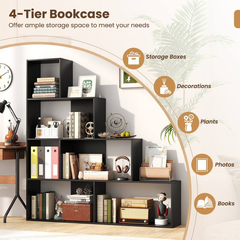 Gymax 2PCS 4-Tier Bookshelf w/6 Storage Cubes 64'' Tall Modern