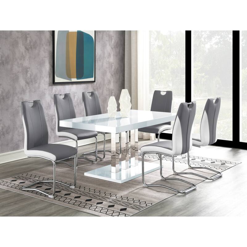 Modern Rectangular Dining Table - White Glossy Surface with Chrome Legs - Kitchen Table for Dining Room - 35.5