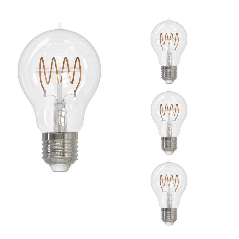 Bulbrite LED Curved Filament Pack of (4) 4.5 Watt Dimmable A19 Light Bulbs with Clear Finish and Medium (E26) Base - Amber Light