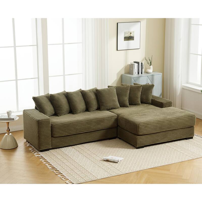 Oversized Two-Piece L Shaped Corduroy Sofa with Right Chaise Daybed, Eight Throw Pillows, Green