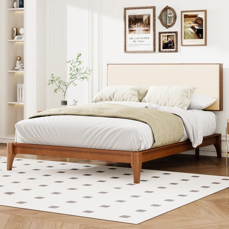 Solid Dry Bamboo Wood 12 Inch Platform Bed, with Bamboo Frame Upholstered Adjustable Headboard