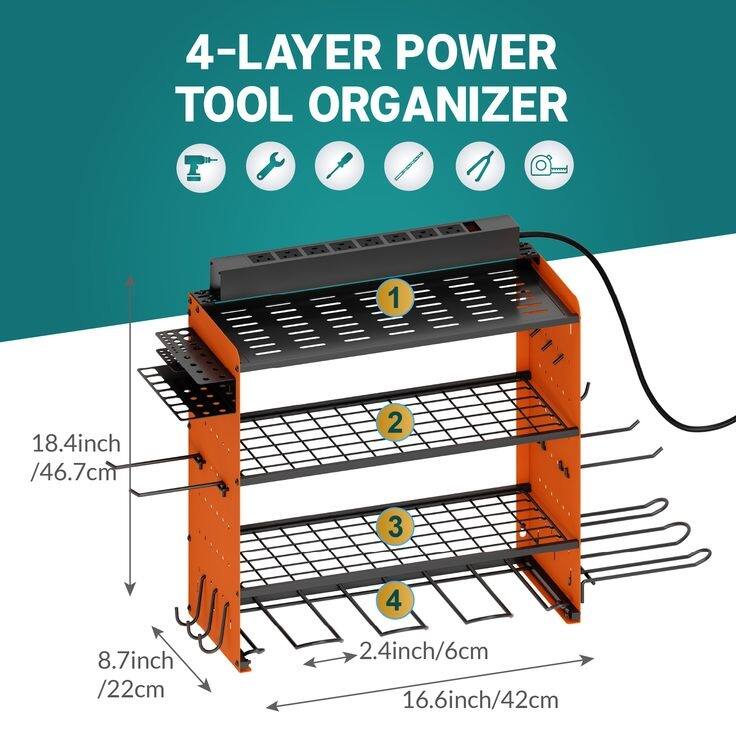 Sttoraboks Modular Power Tool Organizer, Wall Mount Garage 4 Drill Shelf Rack with hooks, 8 Outlet Power Strip