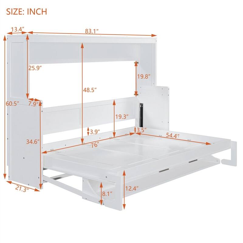 Full/Queen Size Wooden Murphy Bed with Desk, Foldable Murphy Bed Cabinet w/ Hydraulic Lift Design, Space Saving Murphy Chest Bed