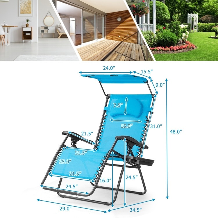 Folding Recliner Lounge Chair w Shade Canopy Cup Holder Blue