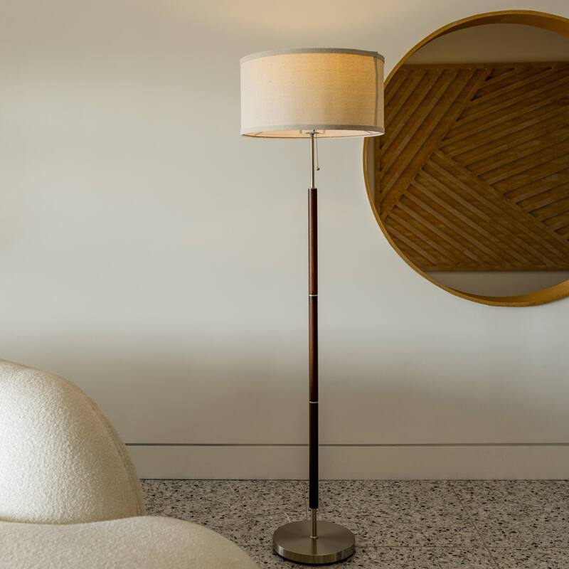 Brightech Carter 65 in. Walnut Brown Mid-Century Modern LED Super Bright Floor Lamp with Beige Fabric Drum Shade