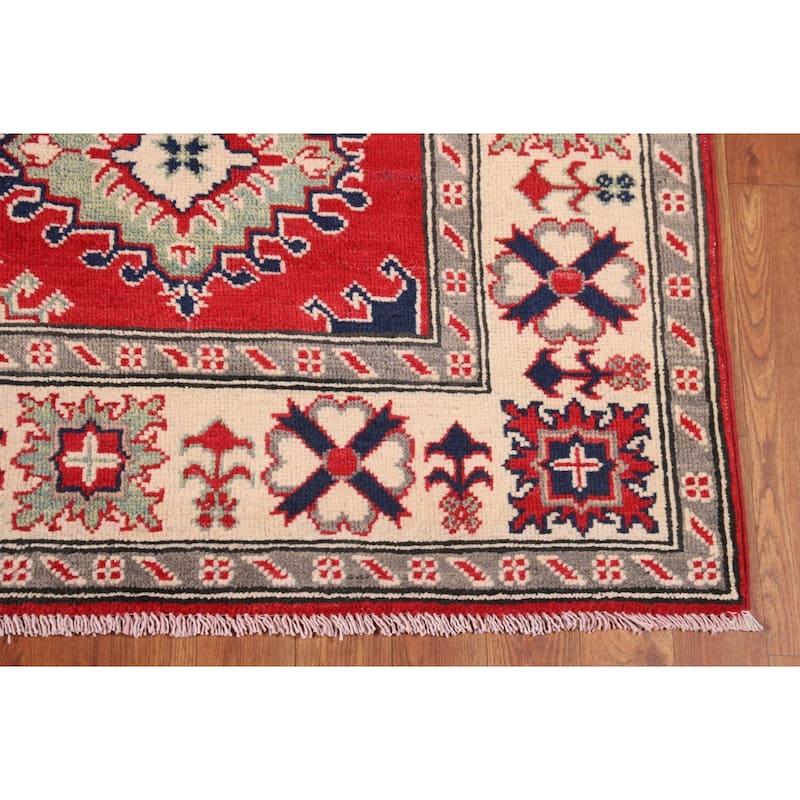 Traditional Red Kazak Rug Hand-Knotted Oriental Wool Carpet - 5'0" x 6'7"