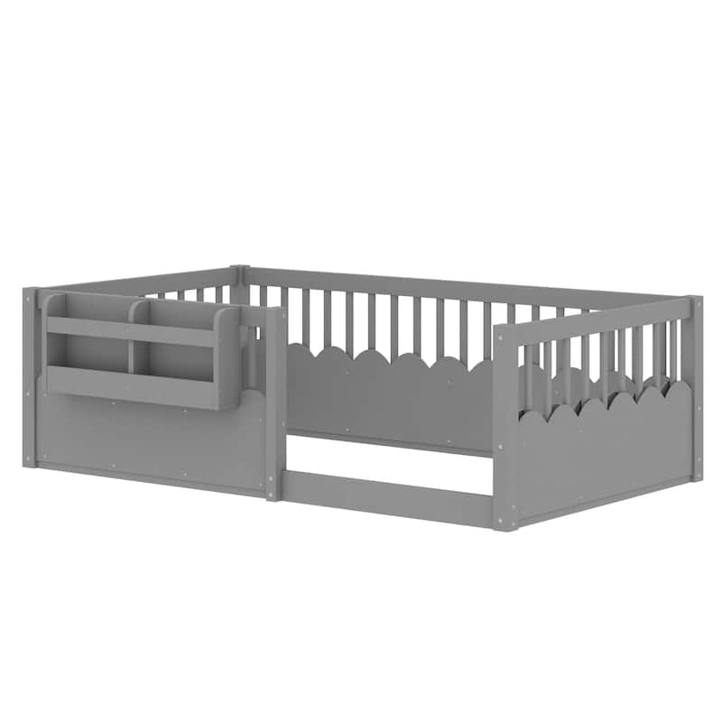 Montessori Floor Bed Kids Bed Frame with Heightened Fence and Bookshelf, Wavy Decoration Wood Platform Bed, No Slats Design