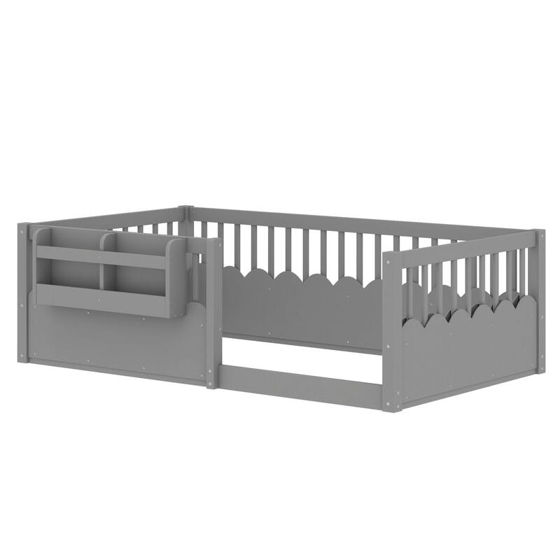 Roomfitters Floor Bed with Bookshelf and Heightened Fence, Solid Wood Frame with Guardrails