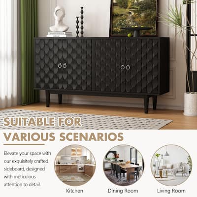 4-door Sideboard Accent Storage Cabinet with Convex Geometric Pattern Doors, Carved Entrance Cabinet TV Console Table, Black