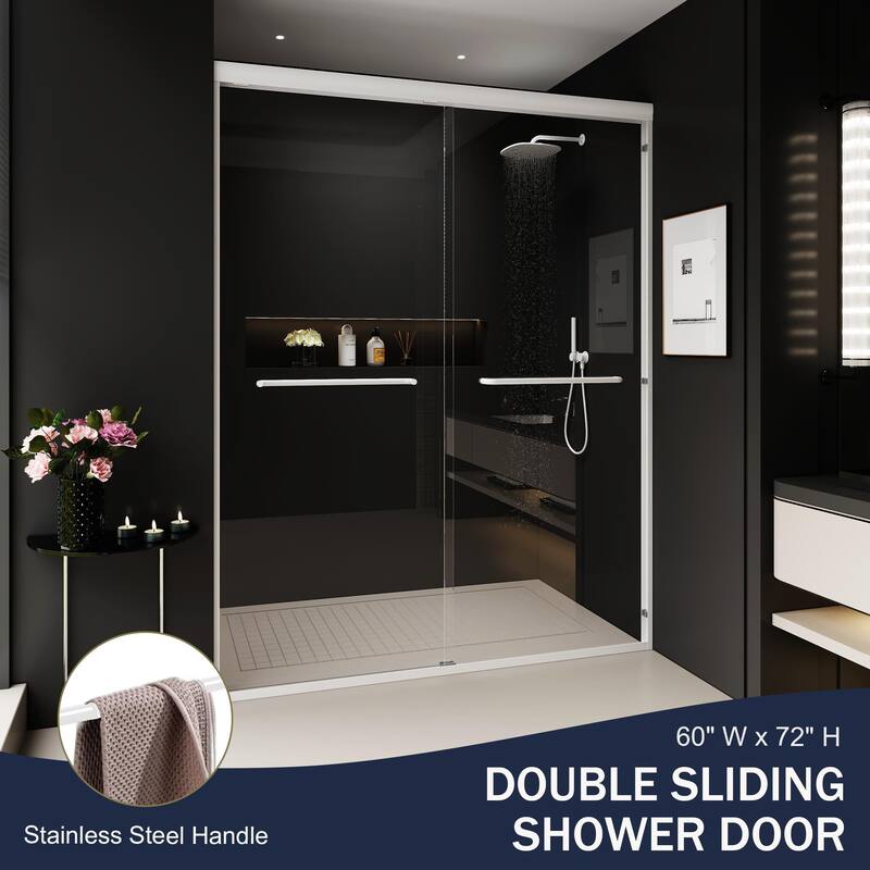 ABRUZZO 56-60" W x 72" H Semi-Frameless Double Sliding Tempered Glass Shower Door with Dual Towel Bars