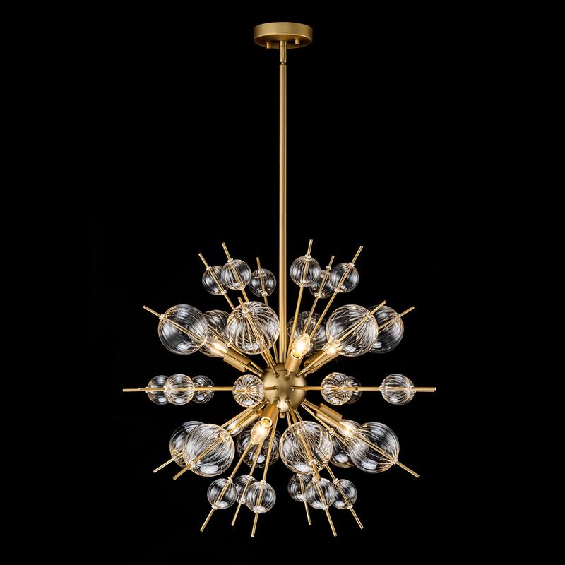 6-Light Mid-Century Modern Gold Linear Sputnik Textured Clear Glass Globe Bubble Chandelier for Dining Room