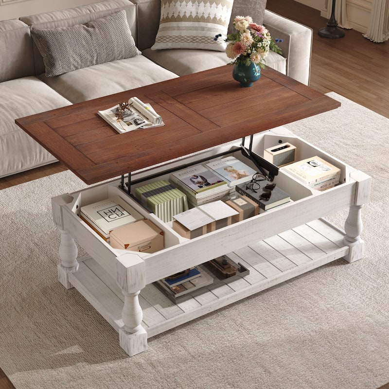 Farmhouse Lift Top Coffee Table with Fixed Shelf - 3 Hidden Storage Trays