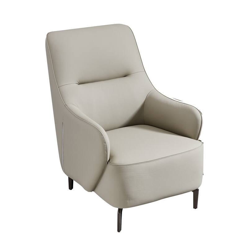 Lavy 34 Inch Accent Chair Armchair, Tall Back, Gray Real Leather Upholstery