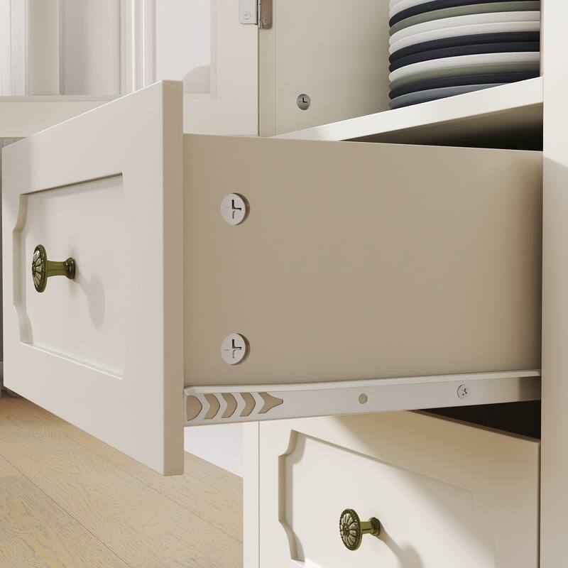 Buffet Cabinet with Glass Doors & 2 Drawers, Multi-Functional Wooden Storage Cabinet, Accent Cabinet with Solid Wood Legs