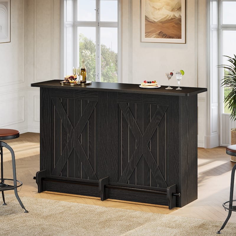 2-Tier Bar Table with Footres, Rustic Brown Bar Cabinet Height Pub - N/A