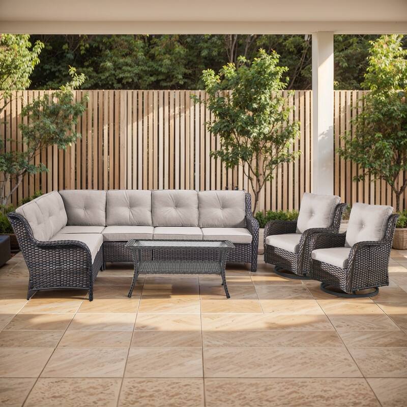 Outdoor Conversation Sets 2 Sectional Sofa Furniture - Sectional Sofa with Table and Swivel Chair - Brown Rattan - Beige Cushion