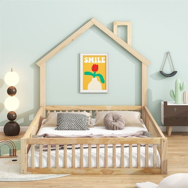 slide 2 of 20, Wood Full Size House Platform Bed with Guardrail