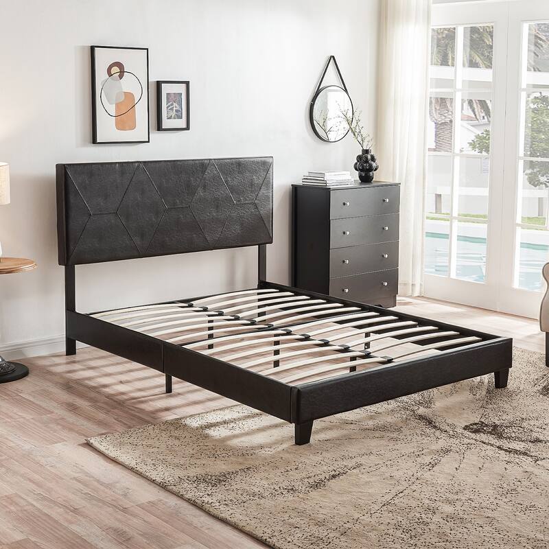 Queen Size Faux Leather Honeycomb Upholstered Platform Bed