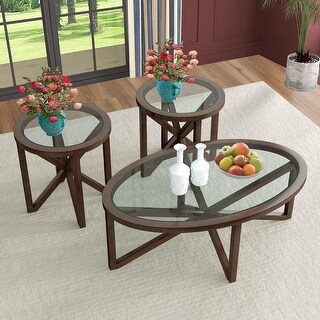 Wooden Glass Coffee Table End Table Sets of 3 Modern Oval Living Room ...