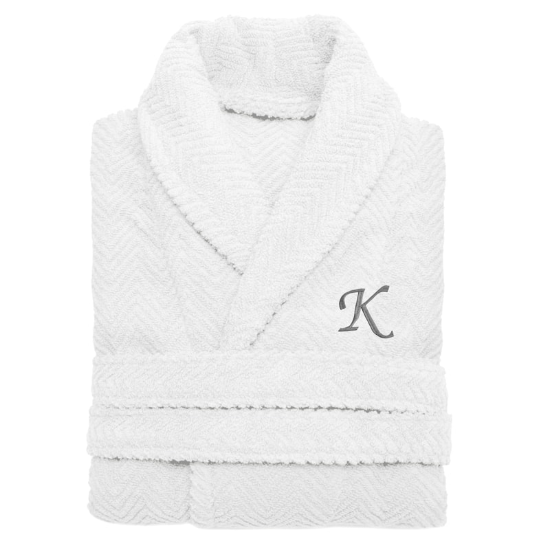 Authentic Hotel and Spa White with Grey Monogrammed Herringbone Weave Turkish Cotton Unisex Bath Robe - S/M - K