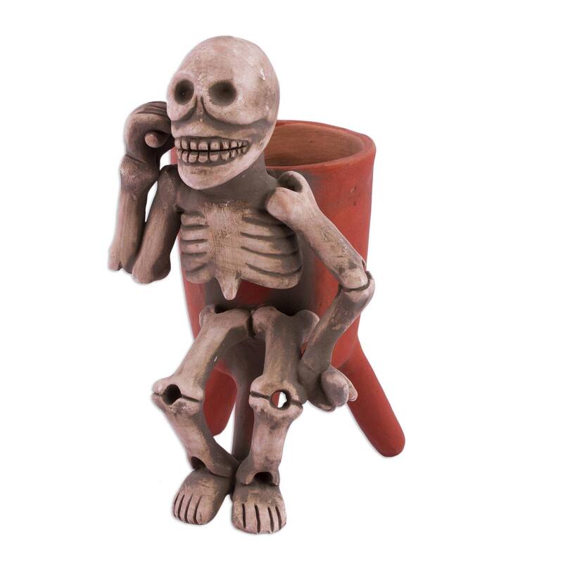 Handmade Lord Of The Dead Ceramic Statuette (Mexico) - 7" H x 4.3" W x 5" D