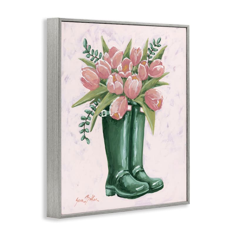 Stupell Pink Tulips in Boots Framed Giclee Art Design By Sara Baker