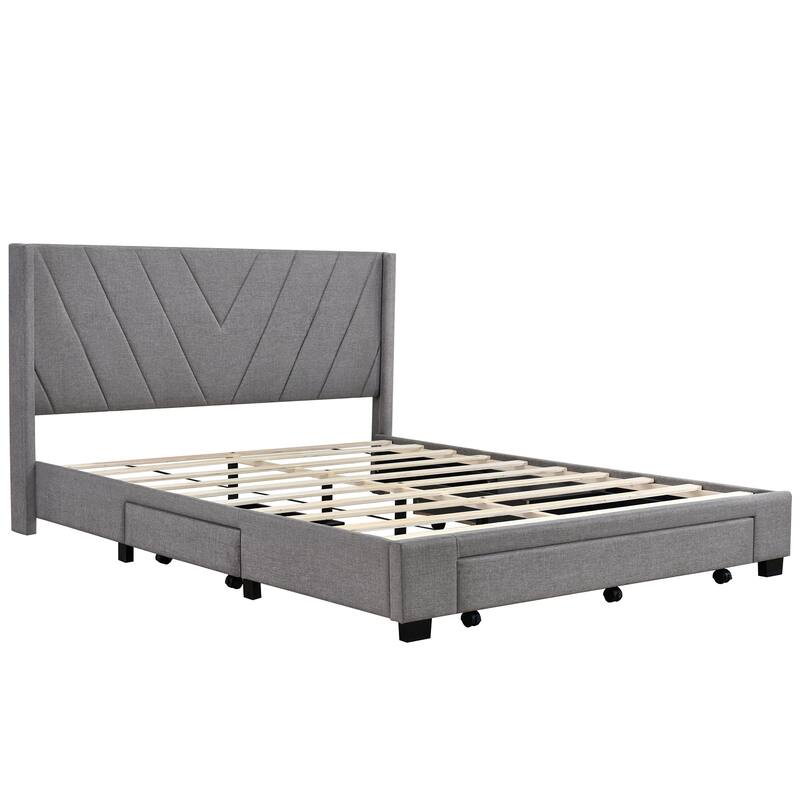 Linen Upholstered Queen Storage Bed: 3 Drawers, Sturdy Wood Frame