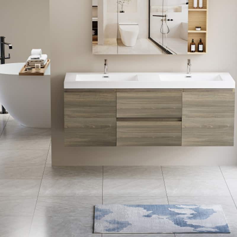MDF Floating Bathroom Vanity with Integrated Resin Sink - 60" x 20" - Ash Grey