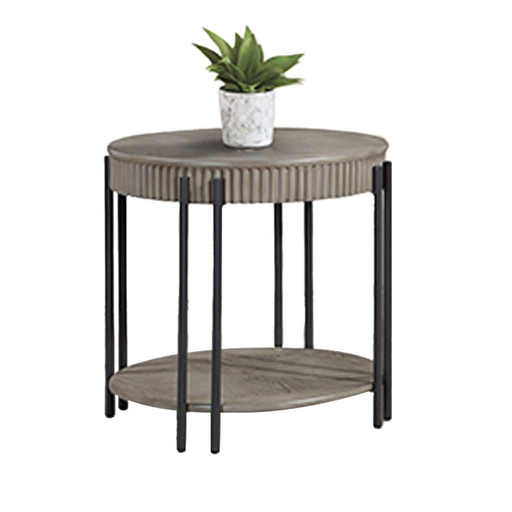 Pery Side End Table, 24 Inch, Light Gray Round Top, Sleek Iron Legs