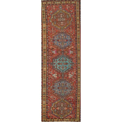 Hand Knotted Oriental 100% Wool Carpet Traditional Geometric Oranges & Rust Ardebil Runner Rug - 10' 11'' X 2' 11''
