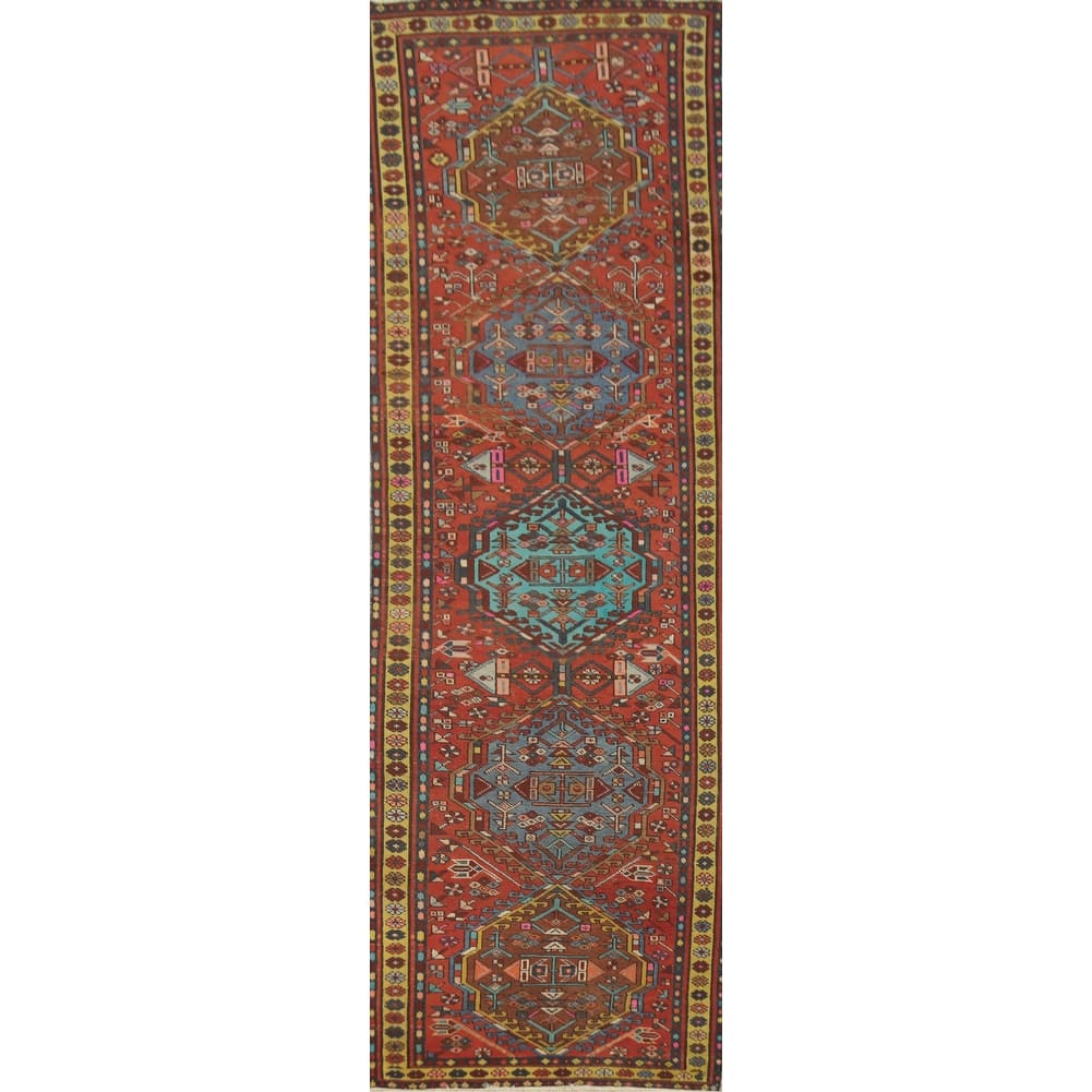 Hand Knotted Oriental 100% Wool Carpet Traditional Geometric Oranges & Rust Ardebil Runner Rug - 10' 11'' X 2' 11''