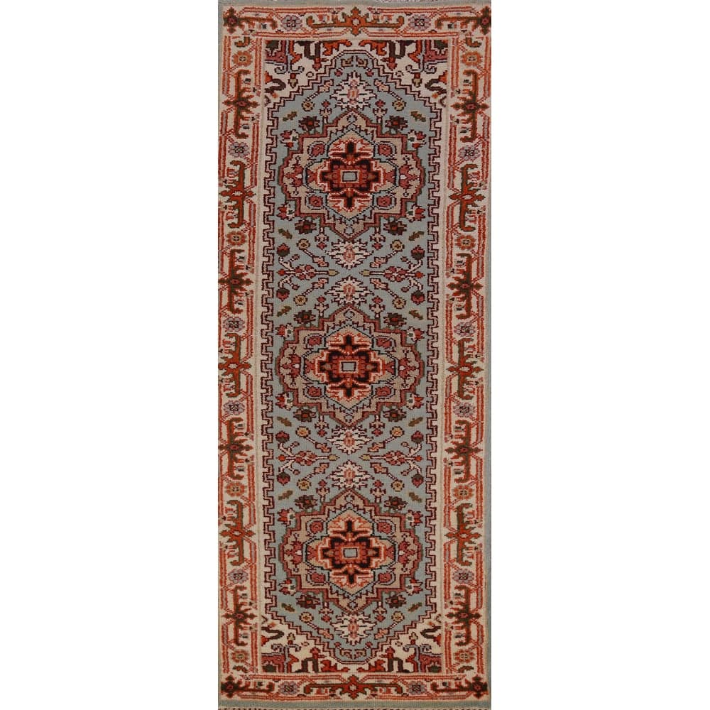 Hand Knotted Oriental 100% Wool Carpet Traditional Geometric Navy Blue & Blues Heriz (serapi) Runner Rug - 8' 4'' X 2' 6''