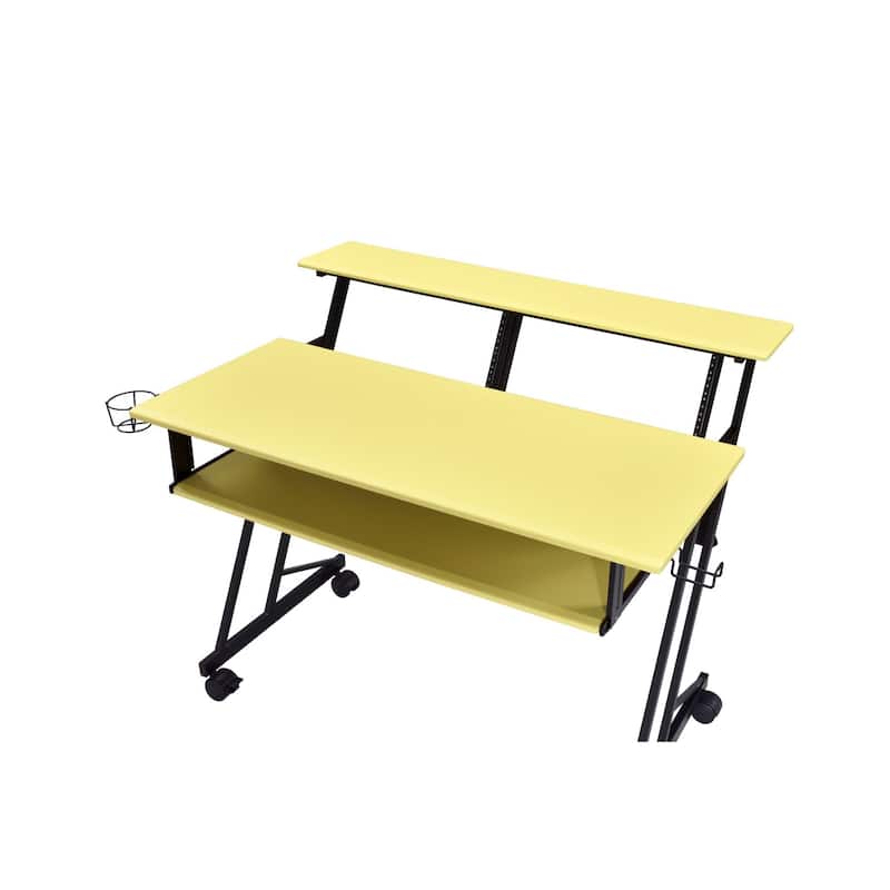 Wood Computer Desk with Black Metal Frame, Shelves and Casters