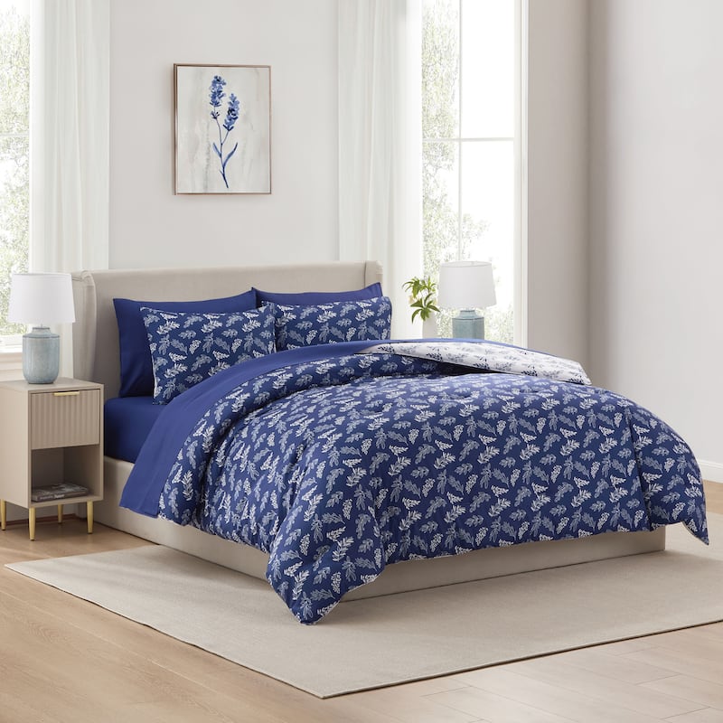 Empyrean 7 Pc Botanical Comforter Set with Sheets, Soft Breathable Lightweight Bedding Bag - Majestic Blue/Lunar Gray - Full